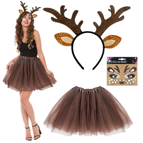 SAIIURV 3 Pièces Déguisement de Bois de Cerf Femme Déguisement Animaux Bandeau en bois de Renne de Noël Stickers Tatouage Visag Tutu, Serre-tête Oreilles de Cerf pour Adultes Cosplay Halloween (3PCS)