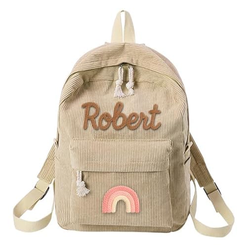 Personalized Corduroy Backpack,Custom School Bag with Cotton Rope Woven, Monogram Book Bag for Student Back to School (Khaki)
