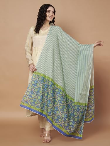 Image of Women's Striped Pattern Pure Cotton Jaipuri Printed Dupatta Lightweight Soft Comfortable Traditional Design