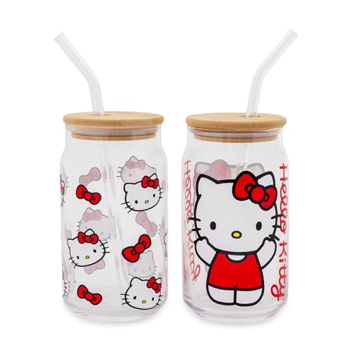 Silver Buffalo Sanrio Hello Kitty Glass Tumbler Set With Bamboo Lids and Reusable Straws | Each Holds 16 Ounces