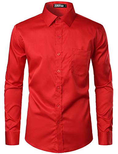 Zeroyaa Men's Urban Stylish Casual Business Slim Fit Long Sleeve Button Up Dress Shirt With Pocket Zlcl29 Red Small #TOP3