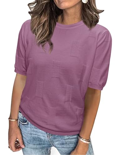 Totatuit Jerséis para Mujer Cuello Redondo Manga Corta Punto Jersey Mujer Sólido Suéter Elegante Blusa Stretchy Casual Camiseta PúRpura L