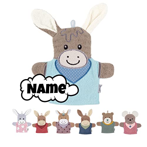 Sterntaler Waschlappen Kinder personalisiert | Waschhandschuh | Waschlappen Frottee mit Namen bestickt | 100% Baumwolle | Baby Geschenke (Emmi Esel hellblau)