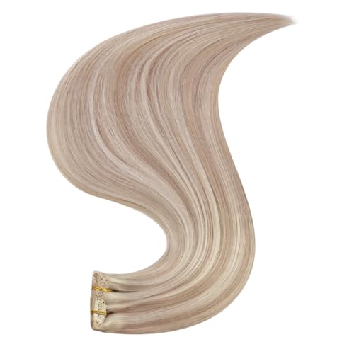 Easyouth Clip in Real Human Hair Extensions Highlight Straight Hair Extensions Clip ins Warm Ash Blonde Highlights Bleach Blonde Real Human Hair Extension Clips ins 14 Inch 80G 7Pcs