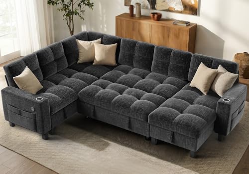 AMADA HOMEFURNISHING 110'' Modular Sectional Sleeper Sofa with Pull Out Couch, U Shaped 7 Seat Sectional Sofa with Storage, USB Ports & Cup Holders, Chenille Cloud Couches for Living Room, Dark Grey