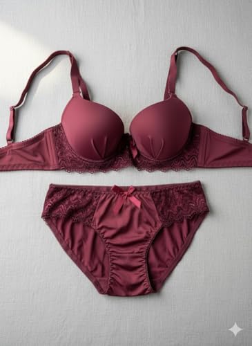 Image of Women's Elegant Lace Trim Padded Lingerie Set with Bow Detail, Push-Up Bra and Matching Panty, Available in six Colours