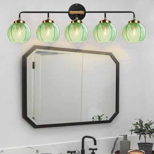 Image of 5-Light Emerald Green Vanity Lights Unique Leaf Texture Glass Shade | Bathroom Light Fixture,Black Gold Metal Finish,E26 Base,27.2Inch Long, 5.9″ Glass Shade,Over Mirror,Bedroom,Hallway,Cabinet