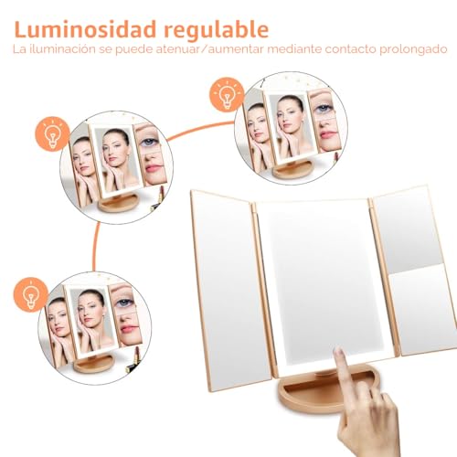 Espejo para maquillarse WEILY con pantalla táctil regulable y triple panel dorado 4