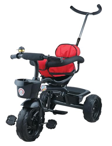 Image of JoyRide Learn-to-Ride Trike on 3 Wheels with Safety Harness, Non-Slip Pedal,Storage Basket and Removable Parent Handle (Dark Red)