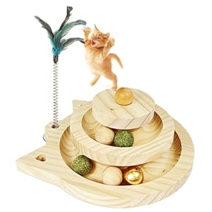 WishesMar Interaktives Katzen Spielzeug aus Holz Katzenspielzeug mit 3 Arten von Bällen Intelligenz-Spielzeug für Kätzchen Körperliche Bewegung Geistig 2-stufiges Kugelturm Spiel Schienen Spielzeug