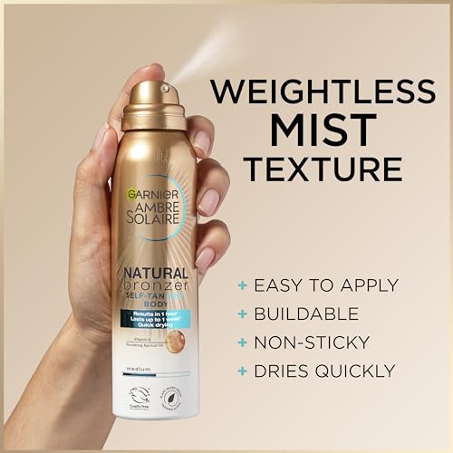 Garnier Ambre Solaire Natural Bronzer Quick Drying Body Self Tan Mist, Medium, Intense & Streak Free Fake Tan, Lasts Up to 1 week, Approved by Curelty Free International, Vegan Formula, 150ml - Image 4