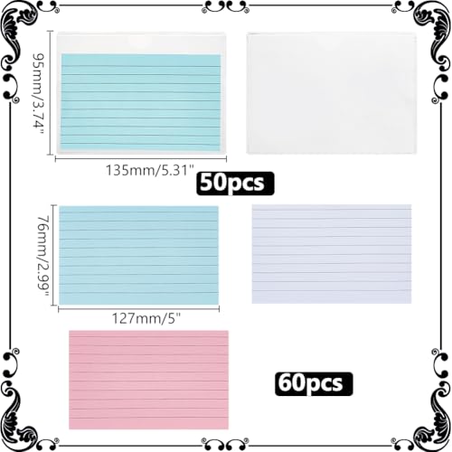 WADORN 50 Pack Index Card Pockets with 60Pcs Colorful Index Cards, Adhesive Pockets with Top Open Pl