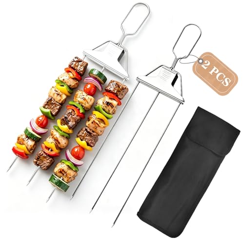 3 Prong Skewers for Grilling 14.7 Inch Stainless Steel with Push-Off Slider Reusable Metal Shish Kabob Sticks for Outdoor Family Camping for Meat Chicken Vegetable BBQ Accessories with Storage Bag