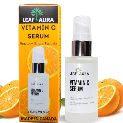 Leaf Aura Vitamin C Serum, Sulphate-Free, Organic+ Natural Formula, Brightens Uneven Skin, Made In Canada, 29.5ml