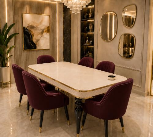 Image of 6 Seater Dining Table Set with Nano Composite Marble Top, Solid Wood Base & 6 Upholstered Chairs, Modern Dining Table Set for Home & Dining Room Furniture (Maroon, White Marble Top, 6 Seater)