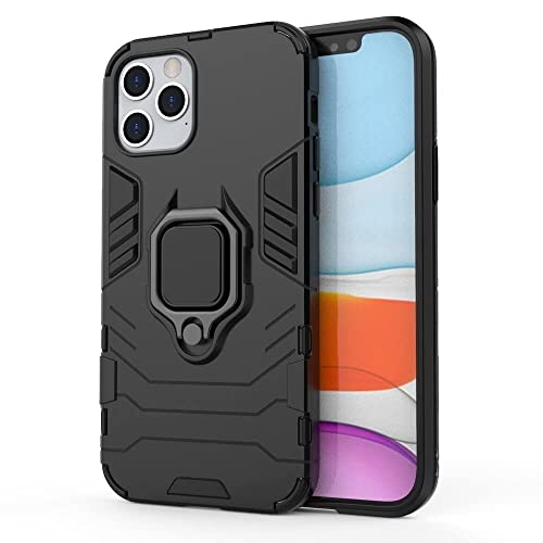 Image of WOW IMAGINE Shock Proof Back Case Mobile Cover Compatible with Apple iPhone 12 Pro (Armor | Hybrid PC + TPU | Full Protection with Ring Holder Kickstand | Carbon Black)
