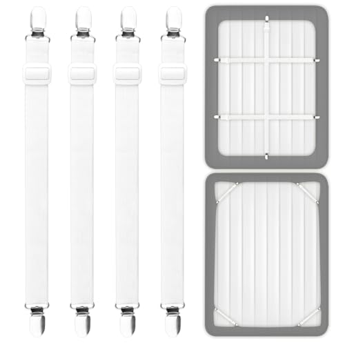 SUNRIZ Bettlakenspanner, 4 Stück Bettlakenspanner Verstellbar, Elastische Bettlaken Spanngurte mit Metallclips, Bed Scrunchie für Bettlaken,Matratzen,Sofa,Bügelbrett,Kinderbett (Weiß, 30 * 100MM)