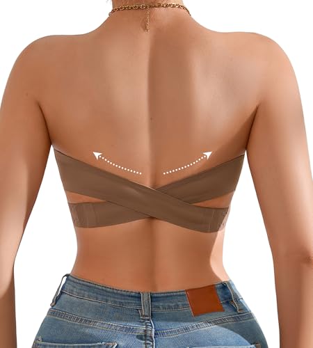 Image of DEANGELMON Strapless Bra for Women Crossover Side Closure Non-Slip Silicone Padded Bandeau Bras Wireless Tube Top Bra