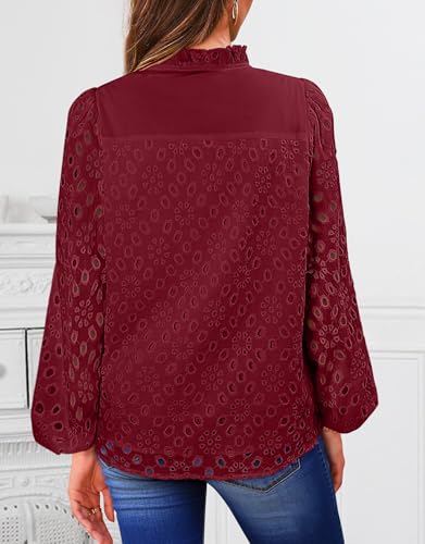 BETTE BOUTIK Women's Long Short Sleeve Tops 2025 Dressy Casual Button Hollow Out Lace Embroidered Blouses Shirts