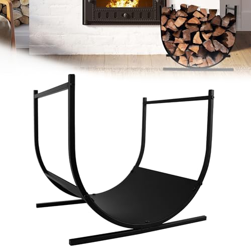 QEENTOE Estantería para leña de acero para chimenea, cesta de metal, estantería semicircular para leña para chimenea, almacenamiento interior para leña, interior y exterior, estante de madera negro,