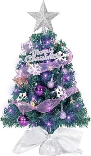 NALONE Mini Weihnachtsbaum mit Beleuchtung LED Tisch und Timer, 24 Zoll Schnee beflockt Kleiner Weihnachtsbaum mit 27 Pcs Ornamenten, 90 Zweigspitzen Tischweihnachtsbaum (Lila)