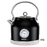 Wasserkocher Edelstahl Retro , Wasserkocher Mit Thermometer 1,7L, BPA frei, Wasser Teekocher mit Kalkfilter Automatische Abschaltung Kochtrockenschutz Vintage Wasserkocher Kabelloser (Schwarz)