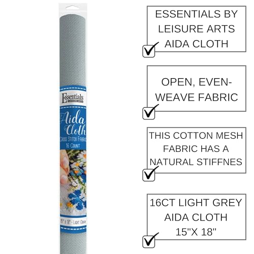 Image of Essentials By Leisure Arts Aida Cloth, 16 Count, Light Gray, Cross Stitch Fabric, Embroidery Fabric, Cross Stitch Supplies for Crafting, Stitching, and Sewing Projects 15X18