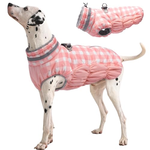 FUAMEY Dog Coat for Large Dogs,Waterproof Dog Winter Jacket with Harness Built in Puppy Cold Weather Coats Reflective Pet Vest with Zipper Warm Fleece