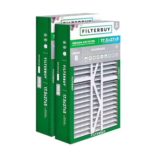 Image of Filterbuy 17.5x27x5 Air Filter MERV 8 Essential Dust & Allergy Defense (2-Pack), Pleated HVAC AC Furnace Filters for Trane Perfect Fit & American Standard (Actual Size: 17.13 x 26.13 x 4.97)