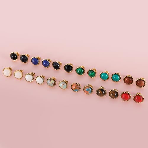 12 Pairs Multi Gemstone Stud Earrings Gold Plated Stainless Steel Turquoise Tiger Eye Onyx Lapis Lazuli Malachite Stone Stud Earrings Set for Women2