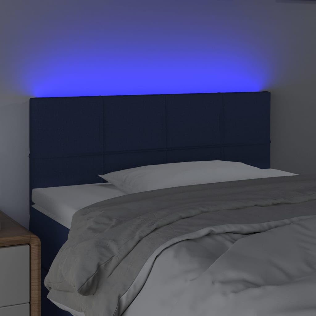 Testiera da letto in tessuto blu LED, 80x5x78/88 cm, con altezza regolabile e striscia di taglio a LED, fornisce un eccellente supporto per la schiena durante la lettura in camera da letto.