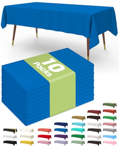 Image of Pureegg Plastic Table Cloth Disposable 10 Pack, 54 x 108 Inch Table Cloths, Patriotic Decorations, Thanksgiving, Veterans Day Tablecloths, Rectangle, Plastic Cover, Leakproof & Sturdy, Blue