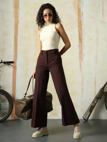 Image of High Star Women High Rise Solid Regular Length Wide Leg Casual Trousers