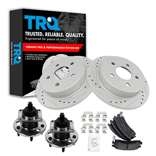 Image of TRQ Performance Rear Brake Pad and Rotor Set Ceramic Coated Drilled Slotted Wear Sensor Compatible with 1999-2004 Oldsmobile Alero 1999-2005 Pontiac Grand Am
