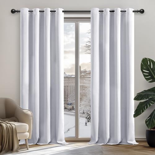 Deconovo Tende oscuranti isolanti termiche anti fredde, tende per soggiorno e camera da letto, design moderno con occhielli, 132 x 160 cm (larghezza x altezza), bianco pallido grigio, 2 pezzi