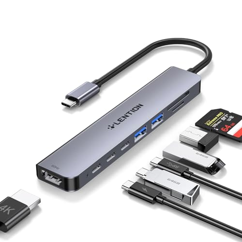 LENTION 8 in 1 USB C Hub with 4K@60Hz HDMI Adapter, 2 USB C Data & 2 USB 3.0 Port, 100W PD, SD/Micro SD Card Reader for 2025-2016 MacBook Pro M5/M4, New Mac Air/Surface Pro, More, (Space Gra