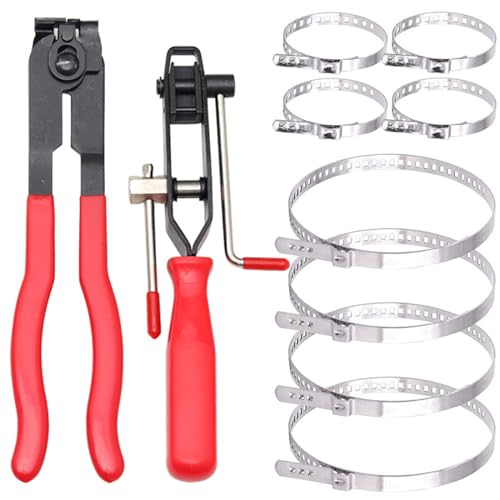 BIGP Lot de 10 Pinces et Colliers de Serrage, Pince Colliers Cardan, Comprend 2 Outils, 8 Bandes de Sertissage, Convient à Plupart Kits d'Outils de Sertissage...