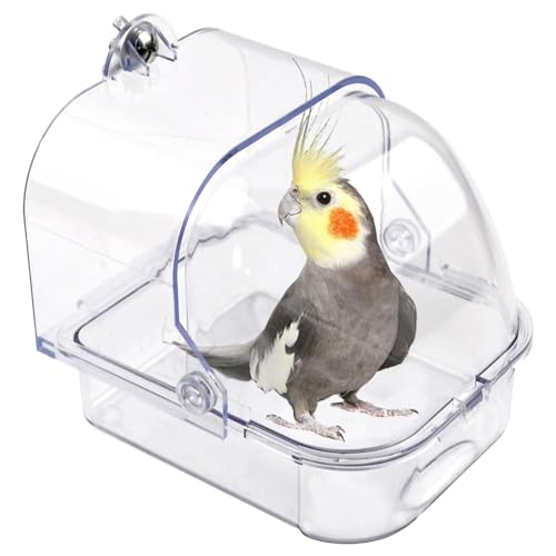 MUYG Bird Bath for Cage Transparent Bird Bathtub Hanging Portable Shower Pool No-Leakage with Stainless Steel Hooks for Small Birds Parakeet Canary Budgerigar Parrot Crested