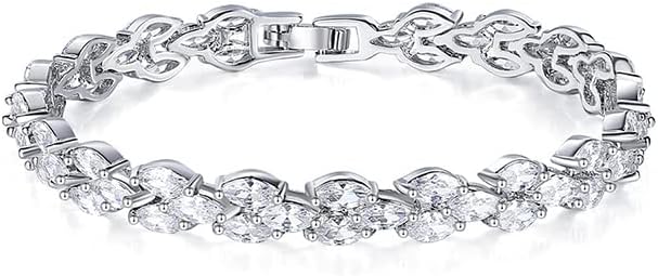 14K Gold Crystal Tennis Bracelet for Women,Dainty Leaf Style Bezel Setting Natural Crystal Charm Bracelet,Fashion Jewelry Gift for Her