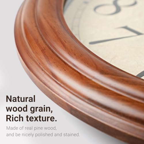 16 Inches Wooden Wall Clock with Retro Design, Large Round Wood Wall Clock with Big Arabic Numerals, Battery Operated Silent Non-Ticking Brown Clock for Living Room, Kitchen, Bedroom. - Image 3