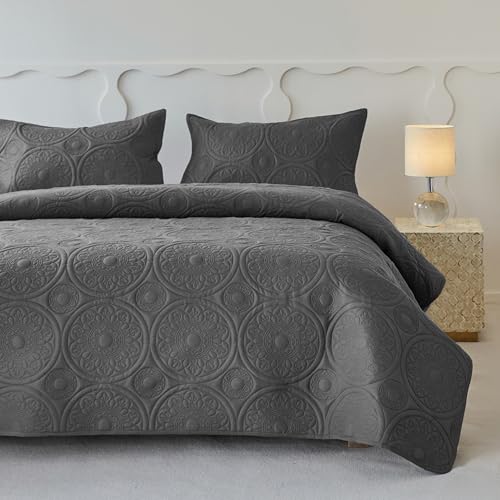 Image of Simple&Opulence Quilted Bedspreads King Size-3 Pcs Soft Reversible Microfiber Bed Spread Coverlet,Floral Embossed Bed Throw Set with 2 Pillowcases for Bedroom Decor,240x260cm,Dark Grey
