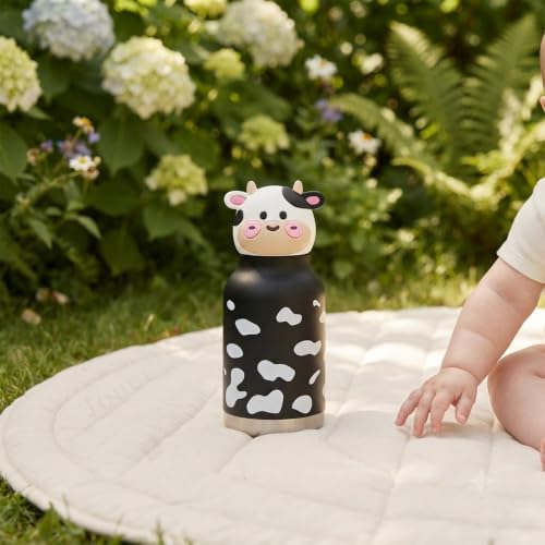 Image of JOUET Kids Stainless Steel Water Bottle 280ml with Cute Cow Character Lid, Black & White Leakproof Drinking Bottle for School, Travel & Daily Use