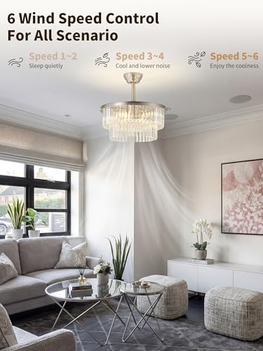 Image of 20 inch Silver Crystal Fandelier Ceiling Fans with Lights, Caged Silver Crystal Chandelier Ceiling Fan with Light Remote Control with 6 Speeds for Bedroom, Nursery, Living Room