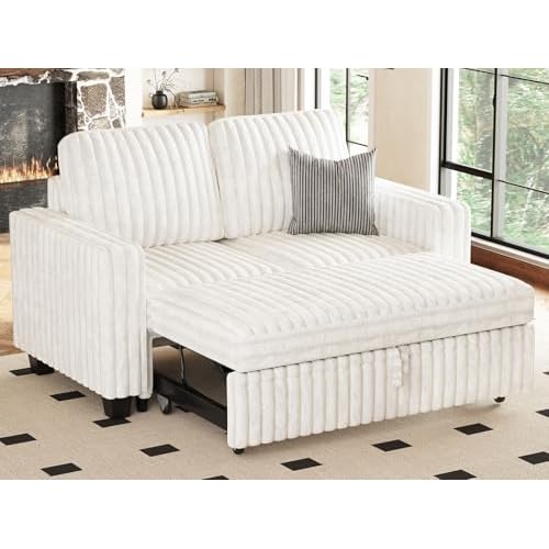 Belffin Corduroy Sectional Sleeper Sofa with Pull Out Bed Modular Sectional Loveseat Sofa Bed for Living Room Beige Couch Beige Sleeper Bed