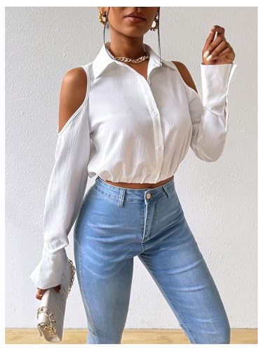 SweatyRocks Women's Cold Shoulder Long Sleeve Button Down Collared Cropped Blouses4