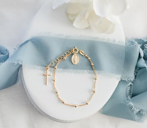 Image of Cherished Moments 14K Gold-Plated Rosary Bracelet First Communion or Confirmation Gift for Girls with Miraculous Medal and Cross Charm