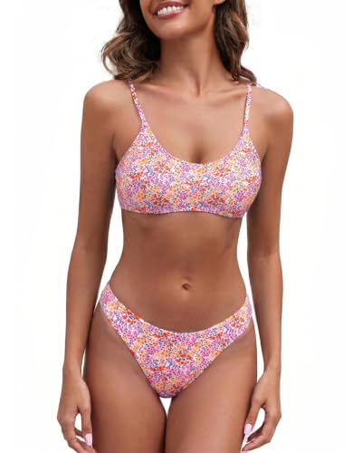 Image of Fanuerg Women's Ribbed Bikini Sets Scoop Neck Cheeky Swimsuit Textured Two Piece Bathing Suit