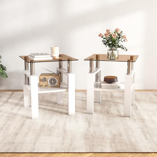 Image of Meihua Glass End Table, Square Glass Side Table, 2-Tier Modern Nightstand with Metal Legs for Living Room&Bedroom (Brown+White, Set of 2)
