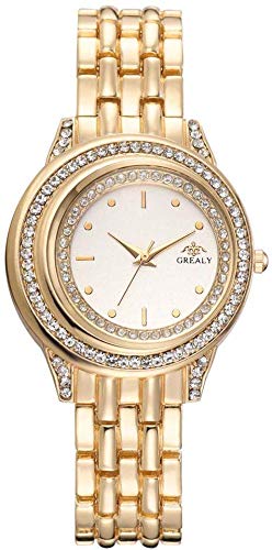 Damenuhr Quarz-Armbanduhr mit rundem Zifferblatt eingelegt Zwei Kreise von Strasssteinen Bling Uhr mit Schnalle Armband für Elegante Frauen, Gold