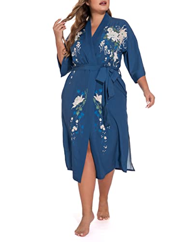 Image of Applesauce - 808V - Plus Size Women's Kimono Long Robe - Vintage Floral (One-Size fits most US 1X 2X 3X)